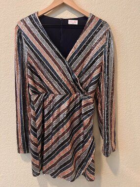 Pink Lily Multi Sequins Faux Wrap Long Sleeve Lined Mini Cocktail Dress Medium